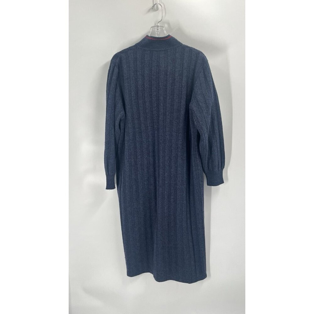 Navy Blue Sweater Dress Maxi Shacket Full Zip Ribbed Pockets Tassel Sz M Boho - Picture 5 of 5